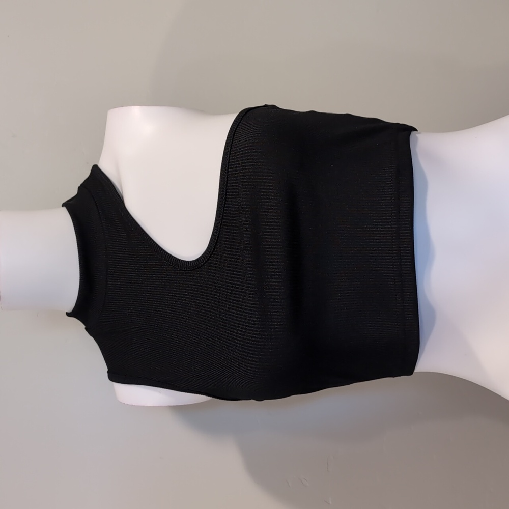 SHEIN Black Ribbed High Neck Asymmetric Sleeveless Crop Top Size Small